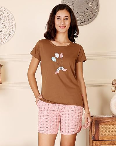 BODYCARE Women's Cotton Printed T-Shirt and Shorts Set | Soft & Breathable Nightwear | Short Sleeves | Loungewear Co-Ord Set | BSSS17021_100 Multicolour
