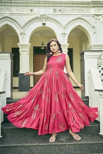 Samprag Rayon Gown for Women | Full Length | Printed | Fit & Flare | Sleevesless | Round Neck | Stylish | Ethenic Dress | Ideal for Casual, Wedding & Party Occassions | Pink | M