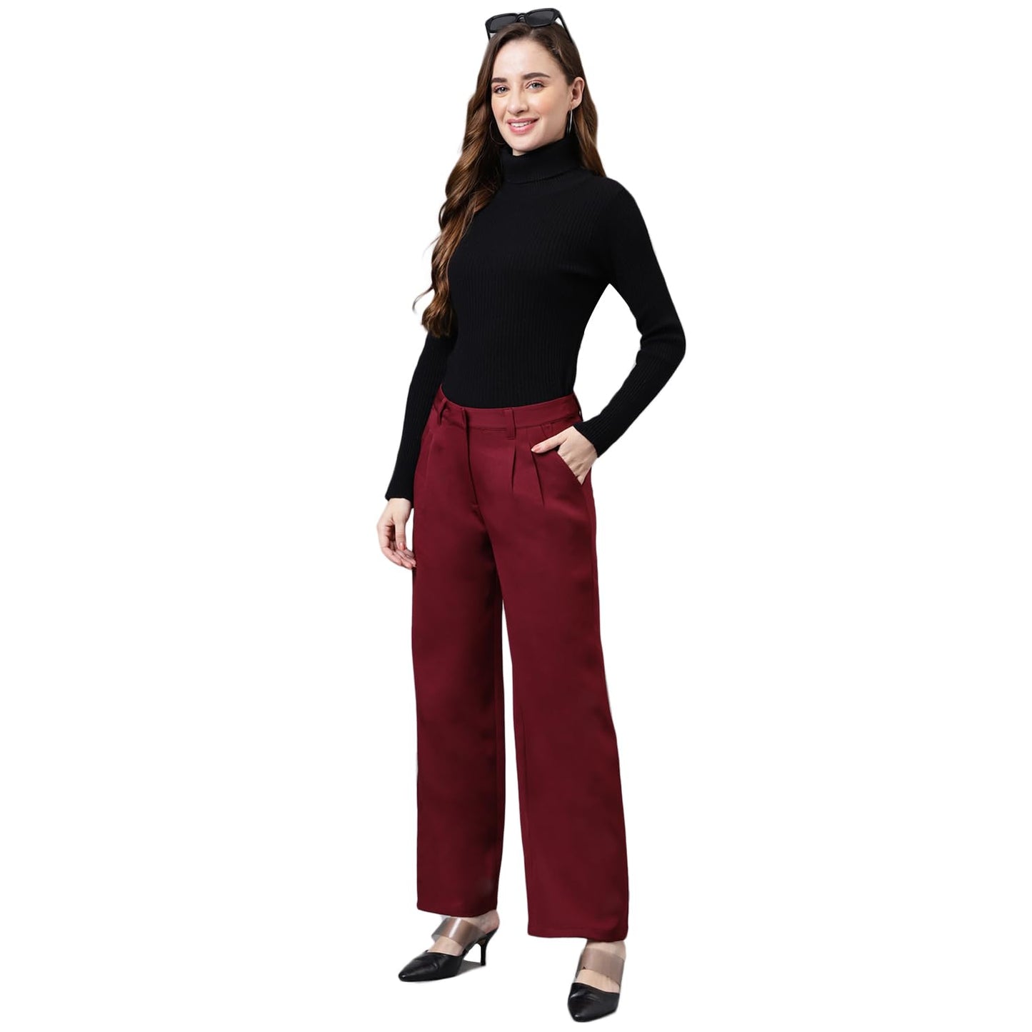 Latin Quarters Women's Solid Straight Maroon Pant_L