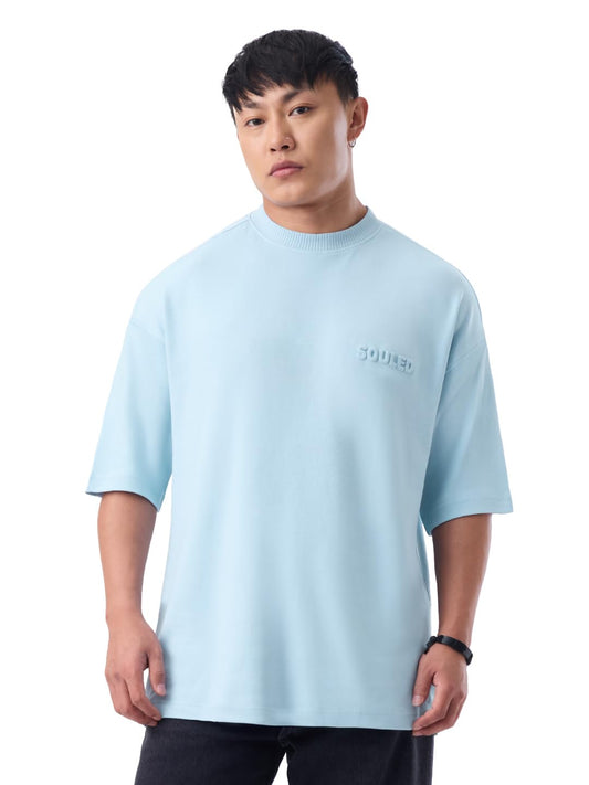 The Souled Store Super-Oversized Tee: Storm Sky Men and Boys Short Sleeves Round Neck Light Blue Solid Embossed Logo Drop Shoulder Casual Streetwear Super Oversized T-Shirts