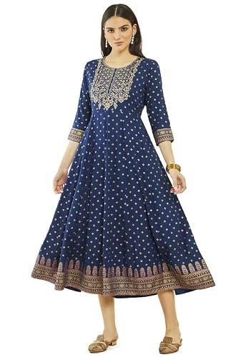 Soch Womens Blue Rayon Floral Embroidered Dress Kurta with Waist Tie-Up