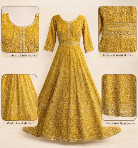 RIDDHI SIDDHI LTD Women's Yellow Anarkali Gown with Chikankari Embroidery