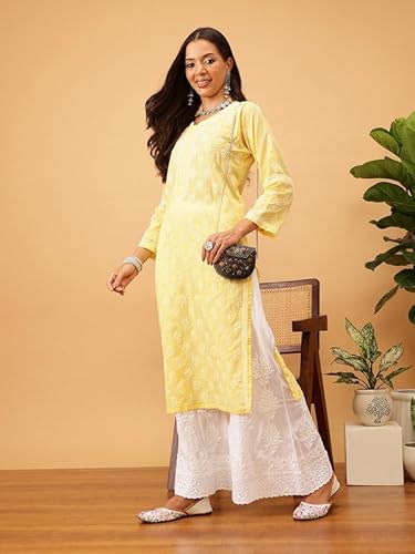 Ada Hand Embroidered Lucknow Chikankari Modal Flared Palazzo Pant Culottes for Women A711189 White (L)