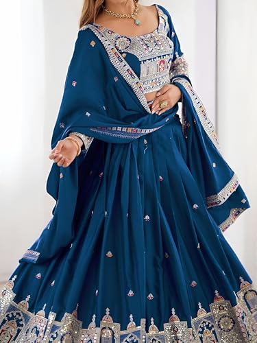 Zeel Clothing Women's Sequins Thread Embroidered French Crepe Lehenga Choli With Dupatta (5118-Dove-Blue-Women-Lehenga-Choli; Free size) (Dove Blue)