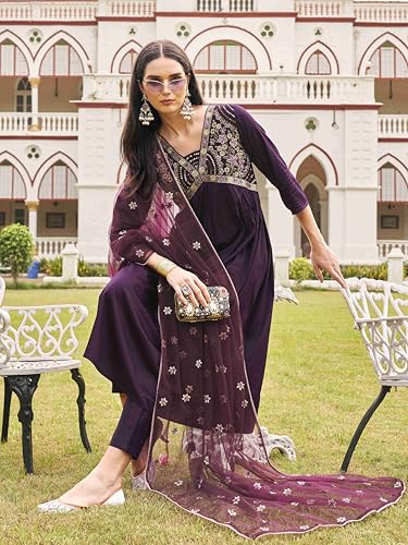 Womanista Women's Wine Cotton Blend Multi Flared Alia Cut Kurta with Pant and Dupatta (Kurtaset_1304_XXL)