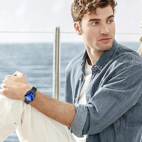BACHATBAAZZAR—Not a product of our company,Luxury Black Watch for Man, Unique Creative Analog Watch, Stainless Steel Black Tone Strap Quartz Watch with Blue Big Dial, Waterproof Business Men's Fashion Wrist Watch
