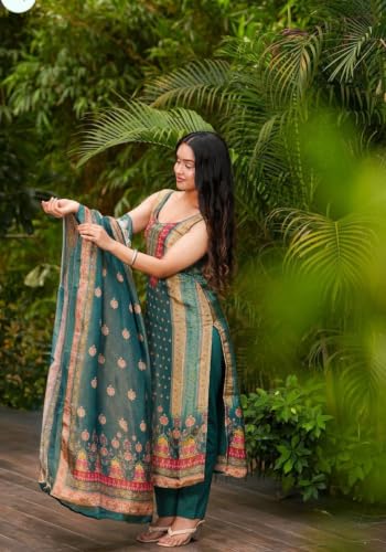 Women's Teal Green Printed Silk Blend Kurta Set With Dupatta And Pant