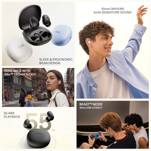 boAt Airdopes Plus 214, Up to 55 Hrs Playtime, Dual Mics with ENx™ Tech, Sleek Bean Design, 10mm Drivers, Voice Assistant, BEAST™ Mode, ASAP™ Charge, IWP™ Technology TWS Earbuds with mic(Cosmic Black)