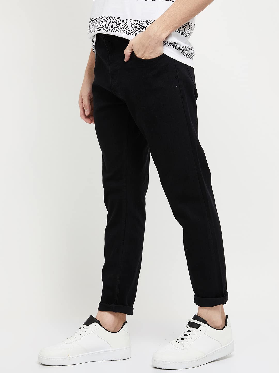 Max Men's Ankle Length Solid Carrot Fit Mid Rise Jeans (Black_34)