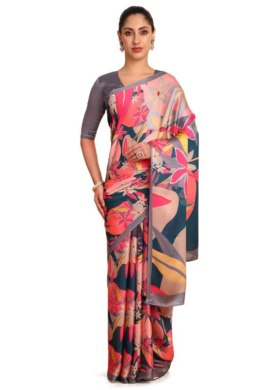 Soch Womens Teal Crepe Floral Print Saree