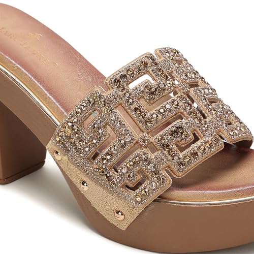 Marc Loire Women’s Block Heels Slip-On Open Back Embellished Fashion Sandals (Copper, UK Footwear Size System, Adult, Women, Numeric, Medium, 4)
