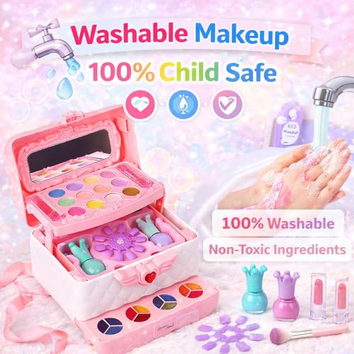 Amazon Brand - Jam & Honey Kids Makeup Kit for Girl, Girls Princess Play Make Up Toys Unicorn Toys for Girl Real Washable Makeup , Makeup Set for Age 3+ Year Old Birthday Gift (Makeup Kit)