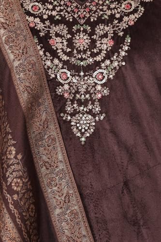 W for Woman Brown Embroidered Zari Work Straight Kurta with Pant and Dupatta Set - (WS13435-224206-XS)