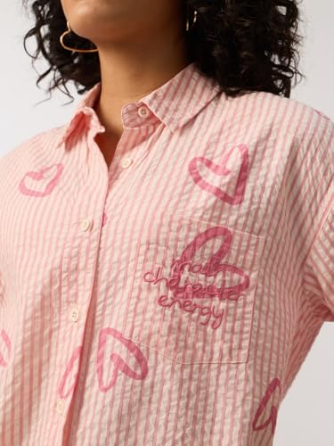 The Souled Store Little Hearts Women and Girls Full Length Sleeves Spread Collar Light Pink Striped Embroidered Cotton Oversized Boyfriend Fit Lightweight Everyday Shirt