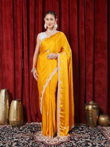 Meena Bazaar Chinon Saree For Women |MUSTARD Colour