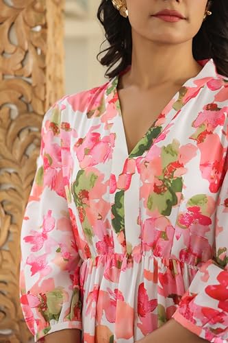 LERIYA FASHION Women's Floral Printed Western Midi Dress | Fit & Flare A-Line Casual Summer Dress with V-Neck & 3/4 Sleeves | Stylish Long Frock for Daily, Party & Office Look Light Pink