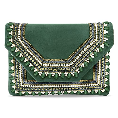 Peora Clutch Women's Purse Bridal Bag For Casual Detachable Strap Evening Sling Bag (Green)-C58GRN