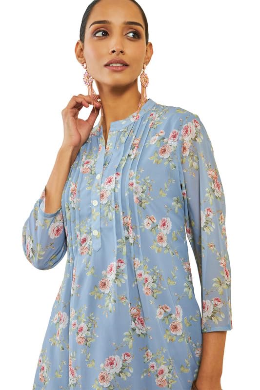 Soch Womens Blue Georgette Floral Print A-Line Tunic