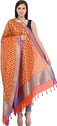 Exotic India Women's Silk Dupatta (SWI54_Mandarin Orange_Fs)
