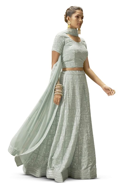 Soch Womens Powder Blue Georgette Geometric Pattern Sequin Embellished Unstitched Lehenga Set