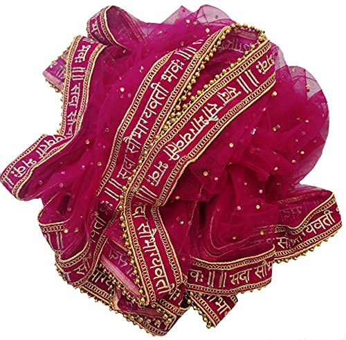 Navti Creations Wedding Bridal Women's Magenta (Pink) Net Dupatta With Sada Saubhagyawati Bhaw Embroidery Border (Full Stone work, 2.25m, 4 side moti lace)