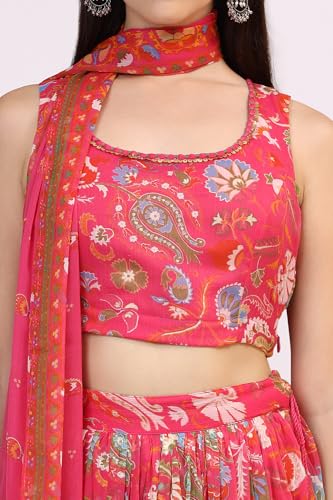 W for Woman Pink Floral Printed Embellished Chiffon Sleeveless Crop Top, Skirt and Dupatta Set (Size: XS)-WS12117-124246