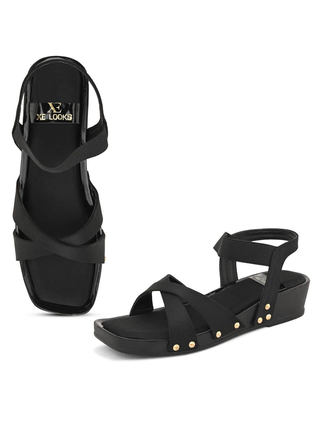 XE Looks Women's Black Wedges Sandals | Cross Strap Design with Gold Stud Detailing | Comfortable, Attractive & Fancy Ankle Strap-Wedges Cushioned Footbed | Trendy Wedges Sandals For Girls & Women