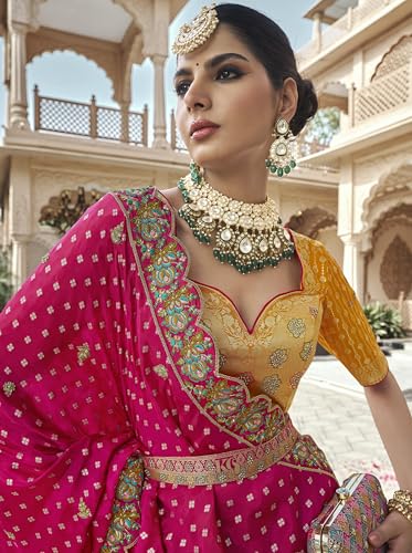 Designer Bridal Lehenga Choli, Pink and Gold Embroidered, with Kundan Jewelry Set