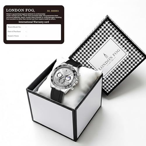 London Fog Bond Collection Analog Quartz Watch for Men with Silver Dial and Black Silicone Strap, Metal Case with Tachymeter Bezel, Chronograph Function, Date Display, LFM10003-02