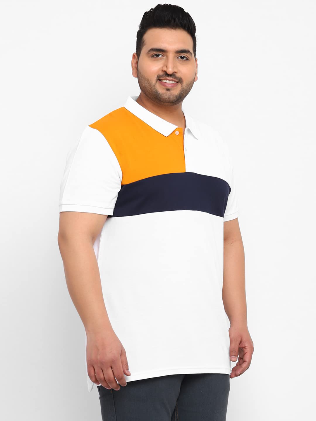Urbano Plus Men's White, Navy Blue, Gold Colour-Block Regular Fit Half Sleeve Cotton Polo T-Shirt (pluspolocbp-021-whinavgol)