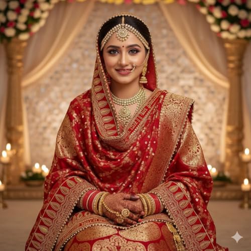 Navti Creations Women Wedding Bridal Red Dupatta In Banarasi Silk With Sada Saubhagyawati Bhaw Embroidery Border (2.25M) & 4 Side Moti Lace