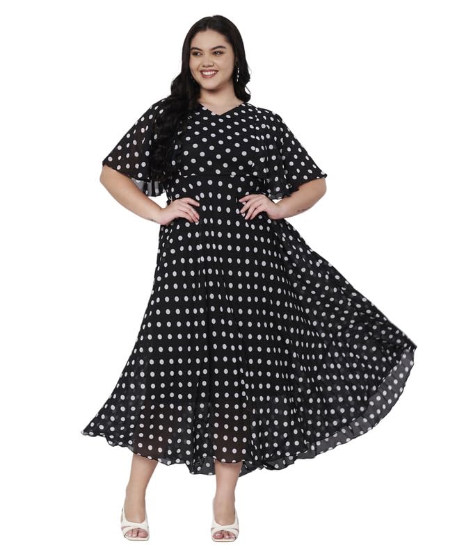 HELLO DESIGN Women Plus Size Fit and Flare V-Neck Polka Dot Maxi Dress (White_3X-Large)