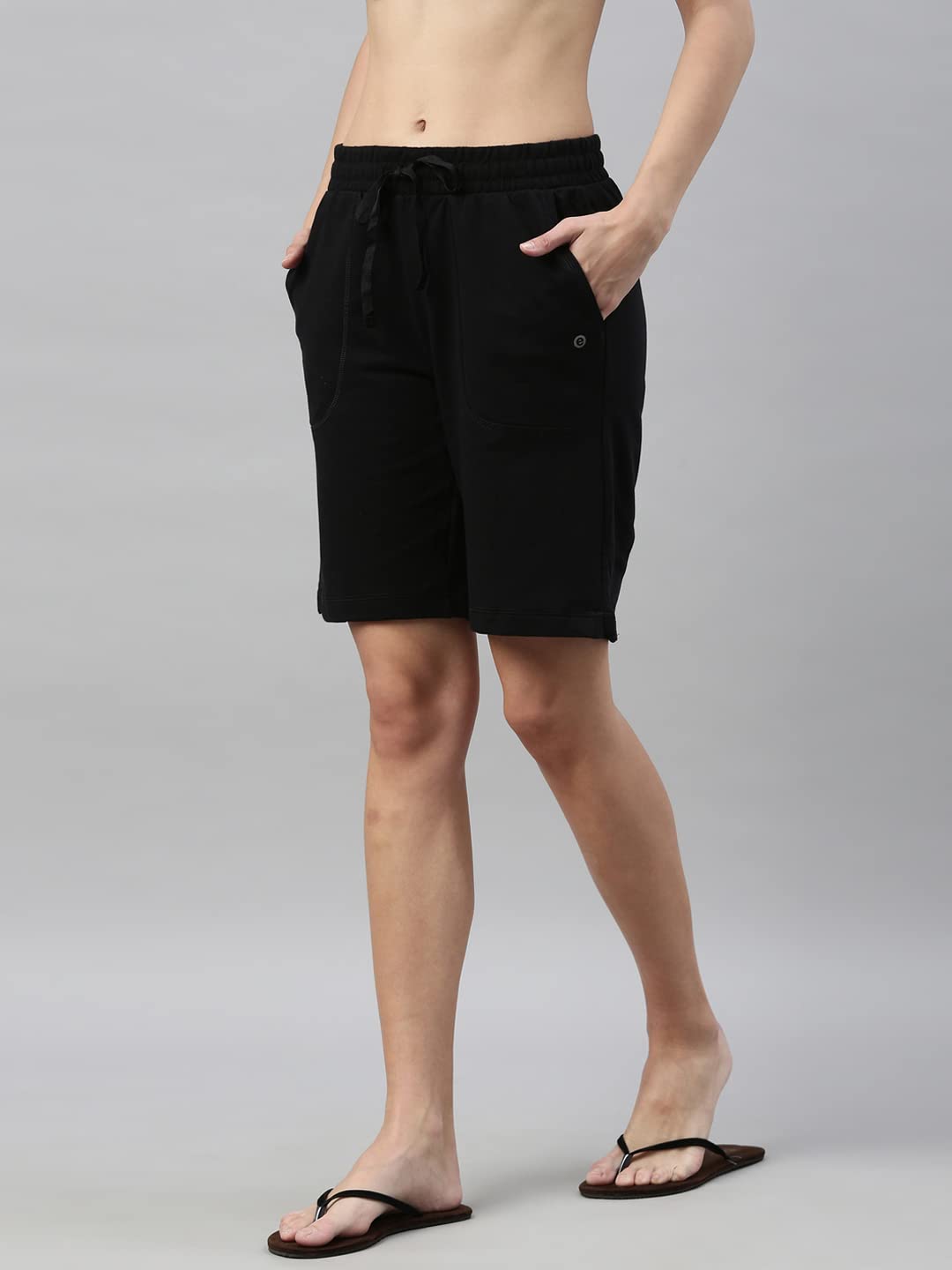 Enamor Essentials Womens Mid Rise Relaxed Fit 100% Cotton Knee Length Shorts Bermuda with Elasticated Waistband and Pockets - E080-(E080_Jet Black_XL)