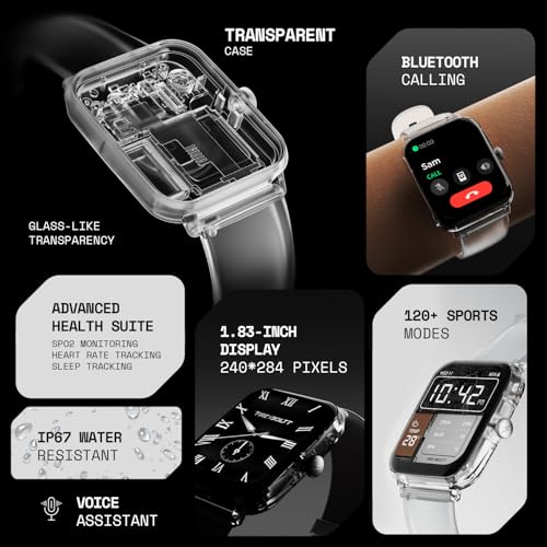 Fire-Boltt Ninja Phantom Smart Watch 1.83” Display, Transparent Clear Body Design, Bluetooth Calling, 120+ Sports Modes, Voice Assistant, AI Outfit Watch Face Smartwatch for Men & Women Shadow Black