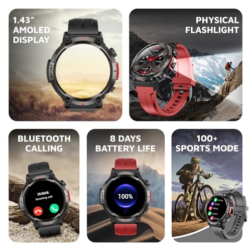 Cult Ranger XR1-1.43" AMOLED Display,Outdoor Rugged Smartwatch for Men, Bluetooth Calling, 8 Days Battery, Continous Heart Rate,100+ Sports Mode, Live Cricket Score, Built-in Flashlight, Free Strap