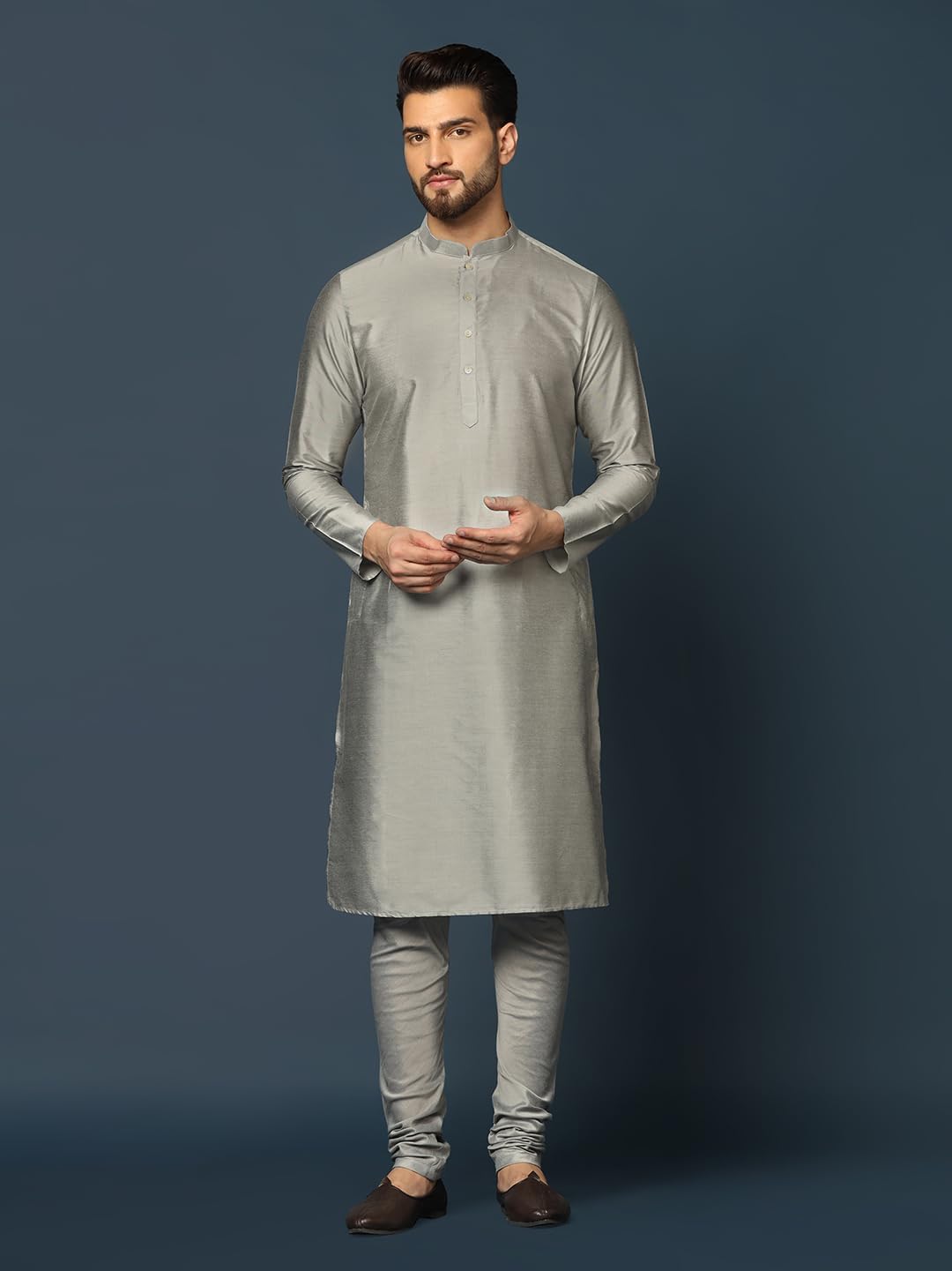 KISAH Men's Grey Indo-Western Kurta Sherwani Churidar Set (Set of 3), Cotton Full Sleaves, Knee Length, Straight, Regular Fit, Mandarin Collar Ethnicwear
