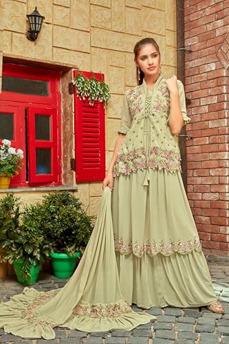 Shampysky Women's Sage Green Georgette Embroidered Jacket Style Gown with Ruffled Dupatta for Wedding XXL