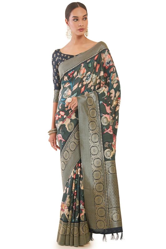 Soch Tussar Silk Women's Woven Tussar Saree (Srevjq23228A_Charcoal)