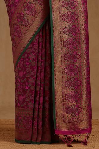 Soch Womens Magenta Tussar Floral Woven Design Saree