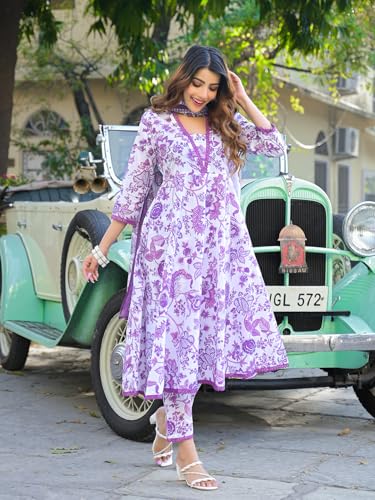 Divena Purple Floral Printed Anarkali Pure Cotton Kurta with Trousers & Dupatta
