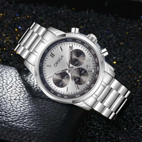 ORSGA ZORION Men's Chronograph Watch - Luxury Stainless Steel Tachymeter White Dial Analog Watch with Date Display