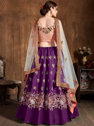 Zeel Clothing Women's Sequins Resham Thread Embroidery Raw Silk New Semi Stitched Lehenga Choli With Dupatta (7013-Purple-Wedding-Stylish-Lehenga-Choli; Free Size)