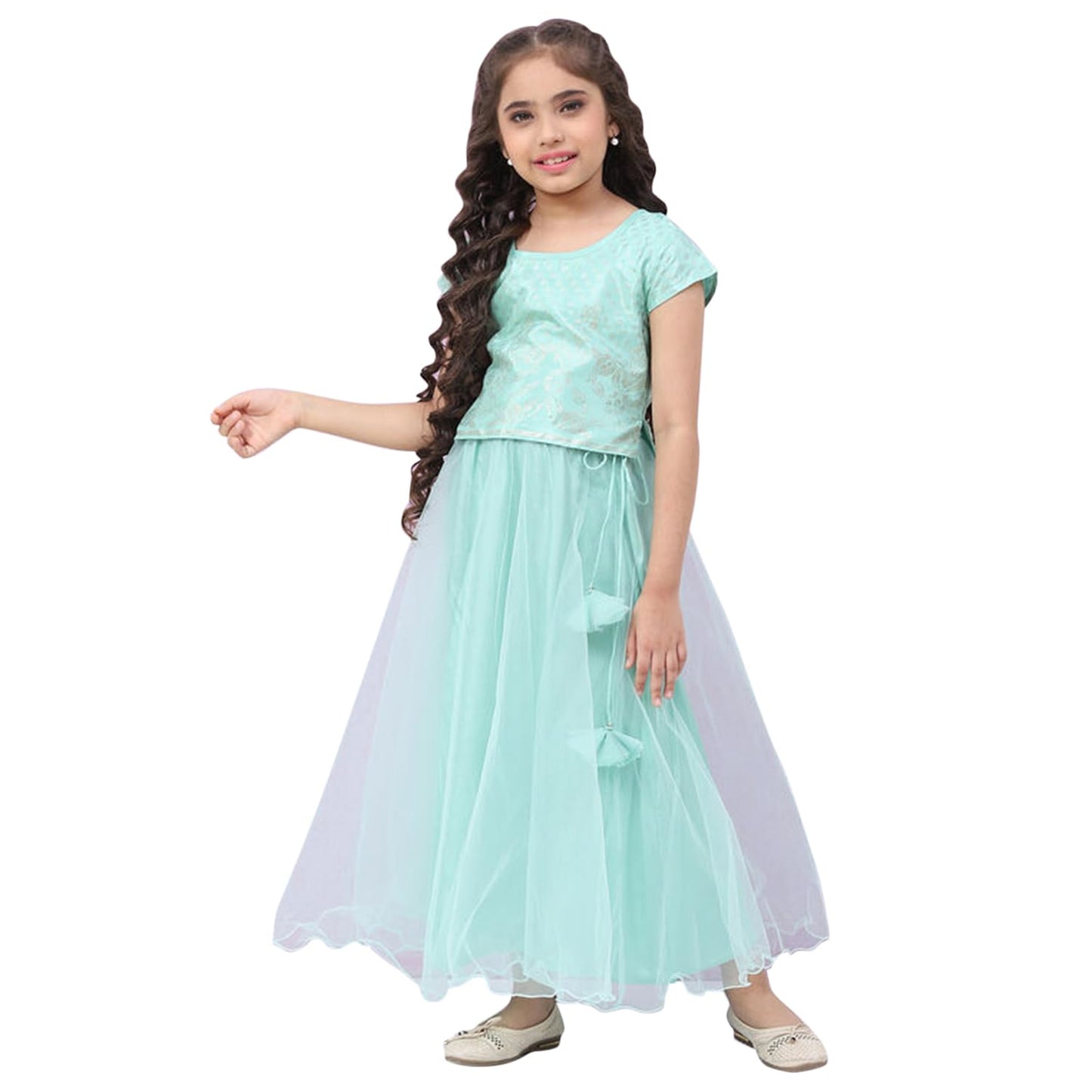 BIBA Girls Viscose Flared Printed Lehenga Set (KW5040EAW22TURQ_Turquoise_11)