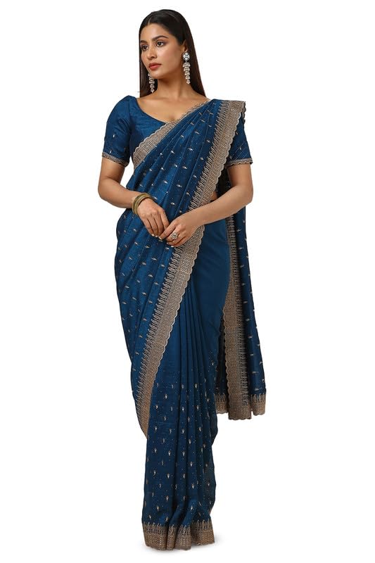 Soch Womens Blue Tussar Embroidered Saree With Stone Work