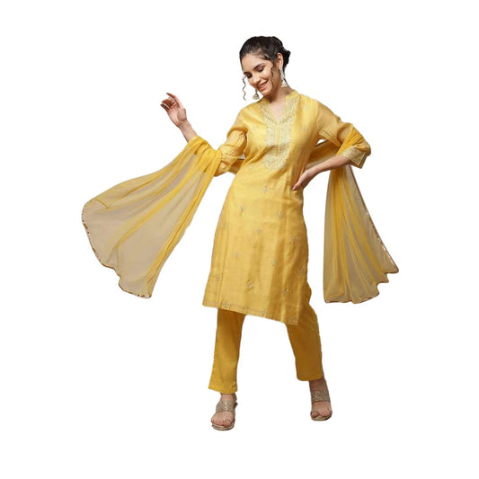 BIBA WOMEN EMBROIDERY SALWAR KURTA DUPATTA(SKDASSORTED8491_YELLOW_42)