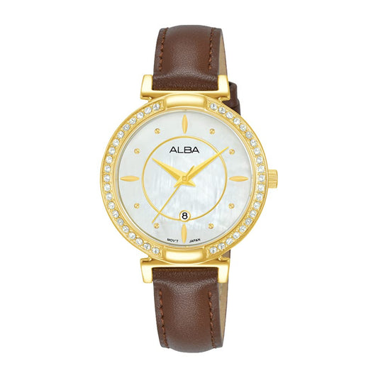 ALBA Leather Women Analog Wristwatch Ah7Bf8X1, White Dial, Brown Band