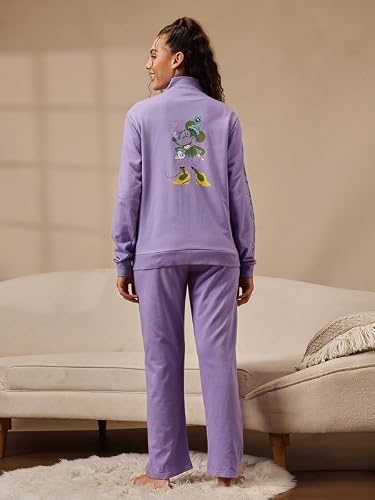 Clovia Women's Graphic Print Terry Cotton Jacket & Pyjama Set (LSW787P12_Lilac_3XL)