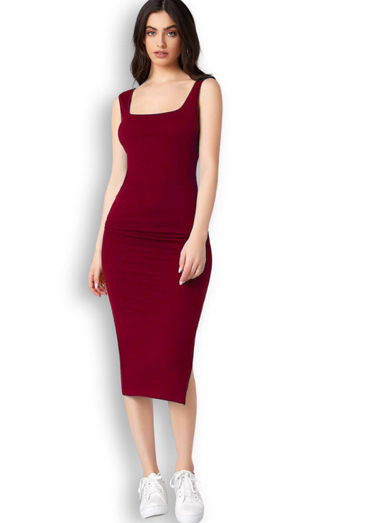 rosery paris Square Neck Sleeveless Black Bodycon Dress for Women and Casual wear (in, Alpha, S, Regular, Cherry Red)