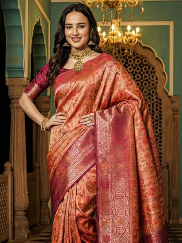 AKHILAM Women's Pink Kanjeevaram Silk Ethnic Motif Printed Saree With Unstitched Blouse Piece (23ALEKHA2303_AI)