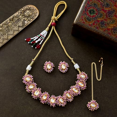 VOYLLA Veerangana Pink Pearls And Kundan Studded Maang Tika Set For Women, Jewellery Set For Women, Womens Gift, Gift For Her